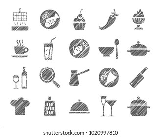 Products and kitchen utensils. Hatching with a gray pencil on a white field. Imitation. Vector clip art.  