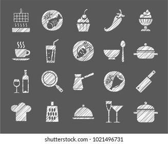 Products and kitchen utensils. Hatching with a white pencil on a gray field. Imitation. Vector clip art. 