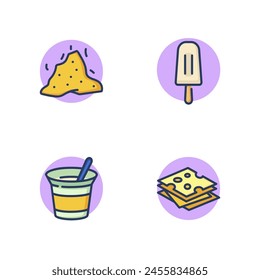 Products made of milk line icon set. Fresh cottage cheese, slices of cheese, ice cream on stick, yogurt jar with spoon. Dairy products concept. Vector illustration for web design and apps