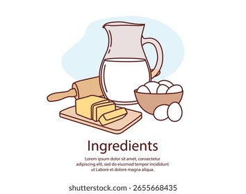 Productos para hacer pan al estilo Doodle de dibujos animados. Ilustración vectorial