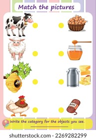 ِAnimals' Products Match Activity Worksheet: cow-milk, sheep-wool, bee-honey, and hen-eggs.
Matching games are educational games for children. Puzzles for kids. Match the right object.