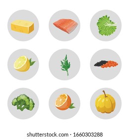 Products with the maximum content of Vitamin A. Natural vegetarian healthy food. Vector food Vitamin A.