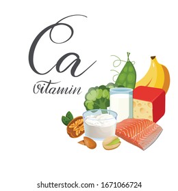 Products with the maximum content of Vitamin Ca. Natural vegetarian healthy food. Vector food Vitamin Ca.