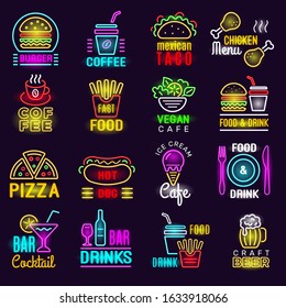 Products neon. Fast food lighting emblem for advertizing signs bar pizza drinks vector