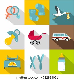 Products for newborns icon set. Flat style set of 9 products for newborns vector icons for web design