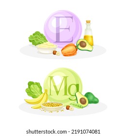 Products Ontaining Vitamin E And Magnesium With Legume, Fatty Oil, Banana And Greenery Vector Composition Set