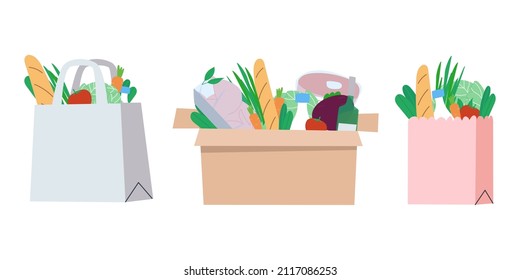 Products in the package. Delivery of food in boxes. Food for donations. A set of products in different eco-packages. Flat vector illustration