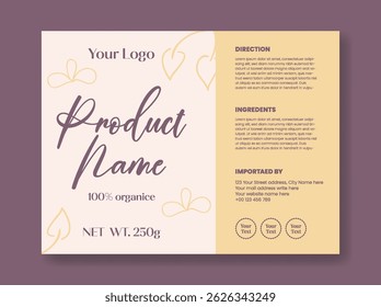 Produtos Projeto de etiqueta de embalagem para cosméticos, beleza e produtos de cuidados com a pele folheto, cartaz, brochura, modelo de capa, informações nutricionais e detalhes do produto Cartão de saudação de convite floral orgânico