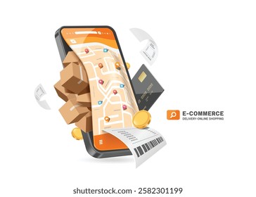 Products are packed in cardboard boxes or parcels and ready to be delivered to customers according to pins marked on GPS map on their smartphone after customer pay with credit card, vector 3d isolated