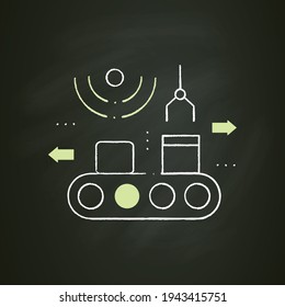 Products packing chalk icon. Process of sorting and packing ready-made products. Puts boxes on moving belt conveyor. Agriculture production. Isolated vector illustration on chalkboard