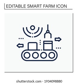Products packing line icon. Process of sorting and packing ready-made products. Puts boxes on moving belt conveyor. Agriculture production concept. Isolated vector illustration. Editable stroke