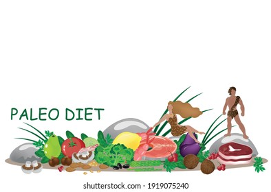 Products for paleo diet, inscription paleo diet. Diet, people, flat style. Vector illustration. Proper nutrition, meat, fish, fruits, vegetables. Ancient people, bonfire, dog.