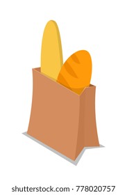 Products in paper bag isometric 3D icon. Supermarket shopping symbol, retail packing sign isolated vector illustration.