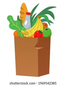 Products in a paper bag. Milk, tomatoes, onions, bread, bananas, etc. Flat vector illustration
