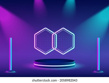 Products pedestal or showcase with hexagonal neon light frame behind and purple and light blue spotlights shines from above