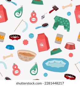 Products for pets. Pet food, beds, toys, bowls, clothes etc. Seamless pattern for your business. Purple background.