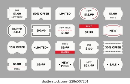 Products price stickers. Price tag mockup with date code, supermarket blank stickers for sale expiration mark, grocery product id. Vector set. Badges for shopping of various shapes