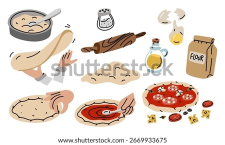 Products and the process of making pizza. chef's hands make dough, roll it out, add the toppings. Ingredients and the process of making pizza. flat color illustration with doodle lines. Food products