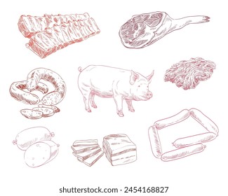 Produkt vom Schwein. Handgezeichnete Landtiere Skizze-Set. Vektorgrafik Illustration.