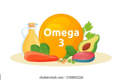 Products Reach Of Omega 3 Cartoon Vector Illustration. Polyunsaturated Fatty Acids In Fish, Avocado, Nuts, Oil Flat Color Object. Wholesome Food. Healthy Fat Sources Isolated On White Background