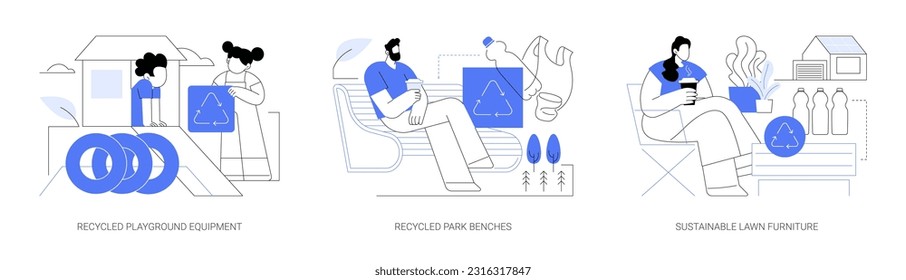 Products from recycled materials abstract concept vector illustration set. Recycled playground equipment, eco-friendly park benches, sustainable lawn furniture manufacturing abstract metaphor.