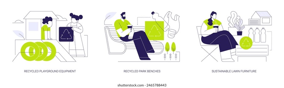 Products from recycled materials abstract concept vector illustration set. Recycled playground equipment, eco-friendly park benches, sustainable lawn furniture manufacturing abstract metaphor.