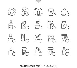 Products Refill Option. Water Bottle, Glass Jar, Lunch Box, Food Container And Other. Eco Friendly. Pixel Perfect Vector Thin Line Icons. Simple Minimal Pictogram