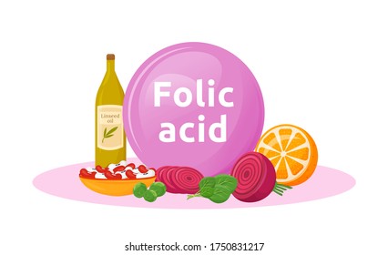 Products rich of folic acid cartoon vector illustration. Benefits of vegetables and beans. Linseed oil flat color object. Good nutrition. Diet for pregnant isolated on white background