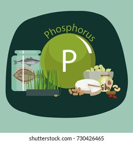 Products rich with phosphorus. Bases of healthy food. Composition from natural organic products and the sign of phosphorus on a color background. Healthy lifestyle