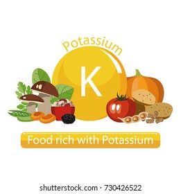 Products rich with potassium. Bases of healthy food. Composition from natural organic products and the sign of potassium on a white background. Healthy lifestyle