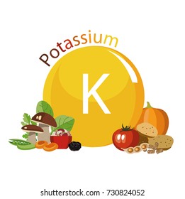 Products rich with potassium. Bases of healthy food. Composition from natural organic products and the sign of potassium on a white background. Healthy lifestyle