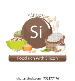 Products rich with silicon. Bases of healthy food. Composition from natural organic products and the sign of silicon on a white background. Healthy lifestyle