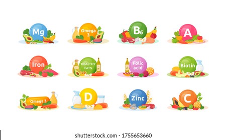 Products rich of vitamins, minerals for health cartoon vector illustrations set. Balanced diet flat color object. Vitamin A, B6, D. Good nutrition. Healthy eating isolated on white background