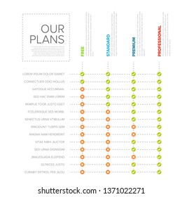 Products service feature compare list table template with various options, description, features