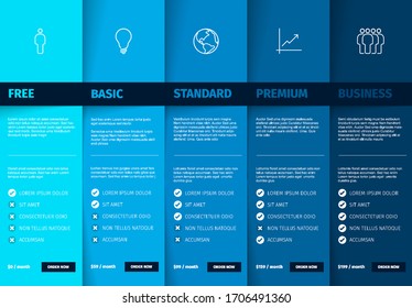 Products Service Feature Compare List Table Template With Various Options, Description, Features And Prices - Deep Blue Color Version