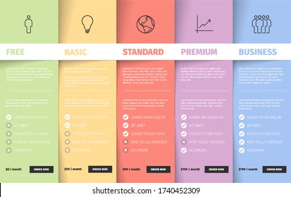 Products Service Feature Compare List Table Template With Various Options, Description, Features And Prices - Pastel Color Version