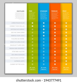 Products service feature compare list table template with various options, description, features and prices. Subscription product plans pricing table light template. Price table for free standard 