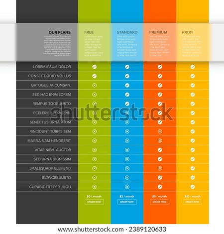 Products service feature compare list table template with various options, description, features and prices. Subscription product plans pricing table light template. Price table for free standard 