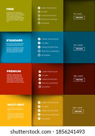 Products Service Feature Compare Mosaic List Table Template With Various Options, Description, Features And Prices - Four Color Version