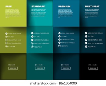 Products Service Feature Compare Mosaic List Table Template With Various Options, Description, Features And Prices - Green And Blue Horizontal Color Version