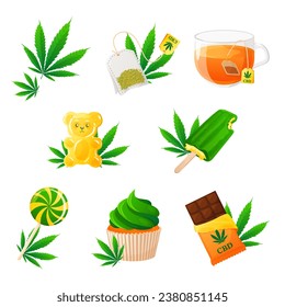 Products set with cannabidiol, marijuana leaf, CBD for healthcare. Medical cannabis marijuana. Collection of hemp products. Vector illustration cartoon flat icon.	
