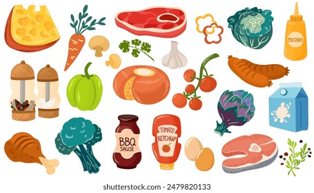 Products set. A set of fresh products. Various vegetables, a bottle of milk, fish, meat, ham, eggs, cheese, sauces. Flat vector illustrations isolated on a white background
