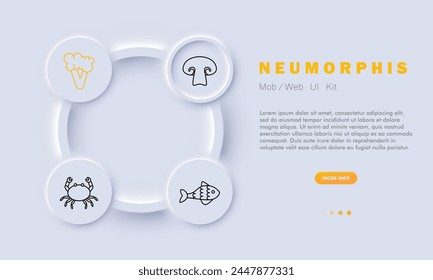 Products set icon. Fish, crab, seafood, cut mushroom, broccoli, delicacy, unusual food, scales, fins, health care, diet, circle, button. Healthy eating concept. Neumorphis style.