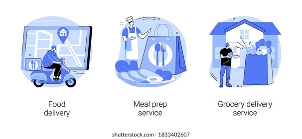 Productos que envían conjunto de ilustraciones vectoriales de concepto abstracto. Entrega de alimentos, servicio de preparación de comidas, servicio de entrega de alimentos, distanciamiento social, hospedarse en casa, pedido en línea, metáfora abstracta de compras segura.