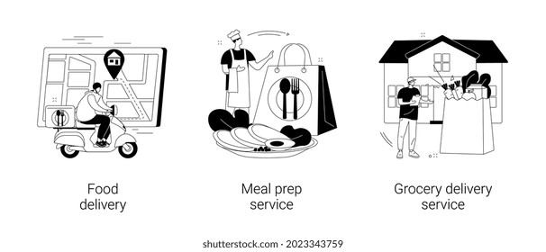 Products shipping abstract concept vector illustration set. Food delivery, meal prep service, grocery delivery service, social distancing, stay home, online order, safe shopping abstract metaphor.