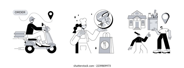 Productos que envían conjunto de ilustraciones vectoriales de concepto abstracto. Entrega de alimentos, servicio de preparación de comidas, servicio de entrega de alimentos, distanciamiento social, hospedarse en casa, pedido en línea, metáfora abstracta de compras segura.