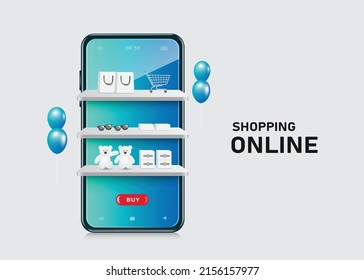 Products and shopping cart icons are placed on shelves on a blue smartphone screen. and there are balloons floating in the air around,vector 3d isolated on white background for online shopping concept