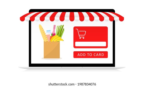 Products shopping in online application template. Digital laptop with red striped canopy and package selected food on screen. Supermarket web order with fast vector delivery