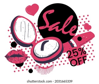 Products for skin care, treatment and beauty on discounts and sale. Banner with powder and lipstick, 25 percent off price. Clearance or reduction, lowering of cost shop. Vector in flat style