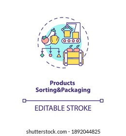 Products sorting and packaging concept icon. Agriculture machines types. Industrial product selling process idea thin line illustration. Vector isolated outline RGB color drawing. Editable stroke